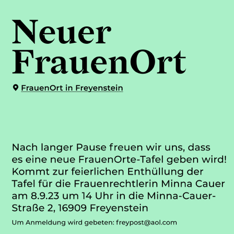 FPR_Brandenburg's tweet photo. Kommt zur Enthüllung der 46. FrauenOrte-Tafel für die Frauenrechtlerin Minna Cauer am 8.9. in Freyenstein! Anmeldung an: freypost@aol.com https://t.co/JmjzrxOWRs