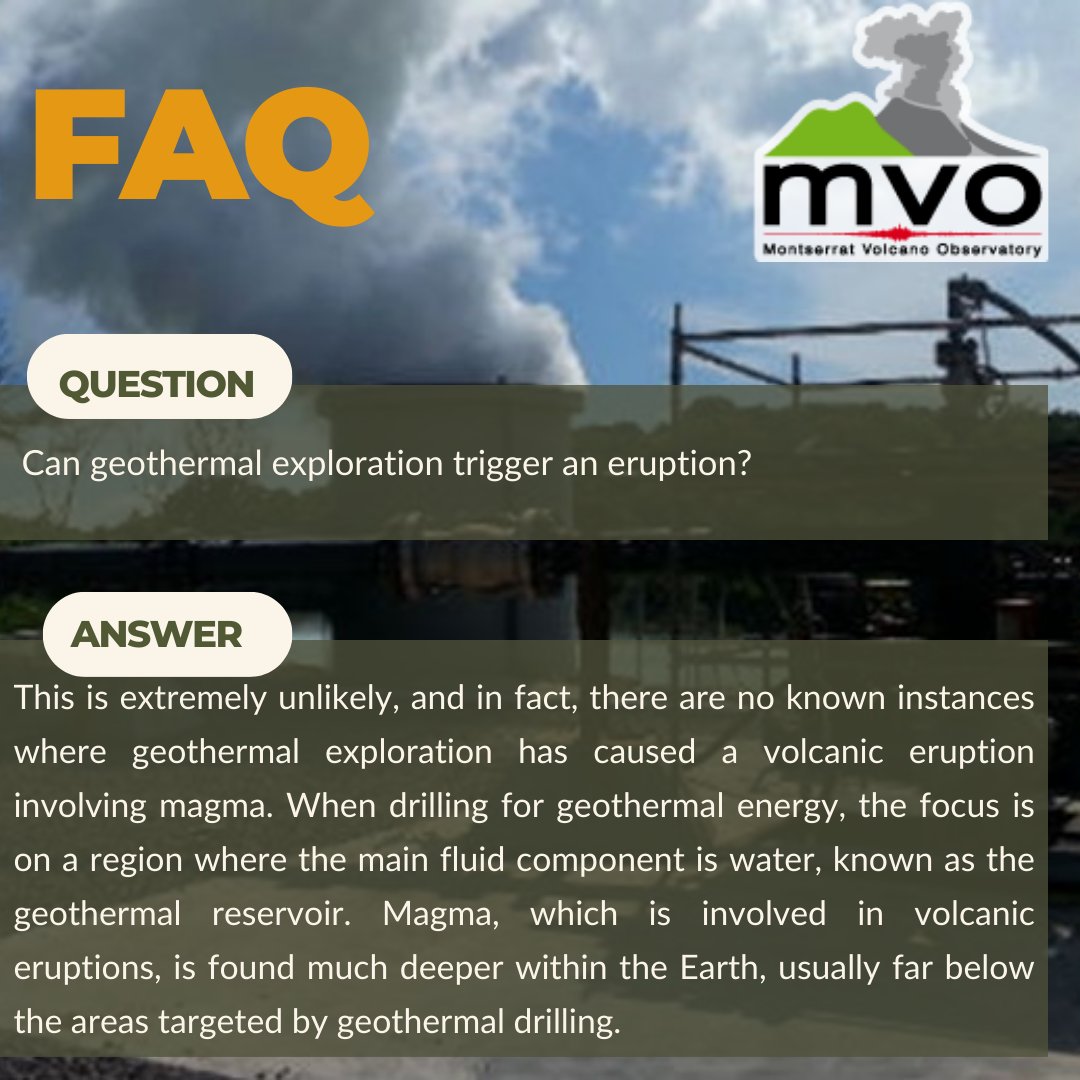 mvoms's tweet photo. #FAQThursday!
A FAQ series where we answer the questions you want to know about volcanoes and our SHV!
Today we answer the question: Can geothermal exploration trigger an eruptions?
#mvo #volcano #SoufrièreHillsVolcano #shv #volcanoawareness #volcanoeducation https://t.co/XeZcIt9QwV