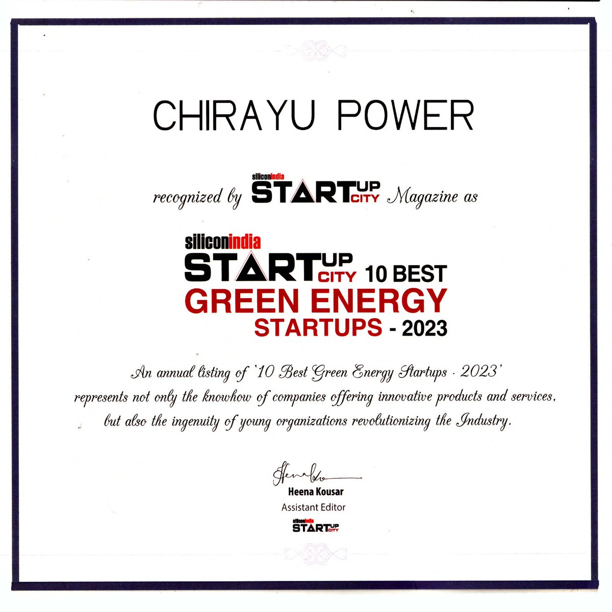 Congratulations Chirayu Power for the Top 10 Best Green Energy Startups of 2023! Your dedication to sustainable innovation is inspiring a brighter, greener future for all. 
#GreenEnergyChampions #SustainabilityStars  #CleanEnergyFuture #GreenTechLeaders #chirayupower