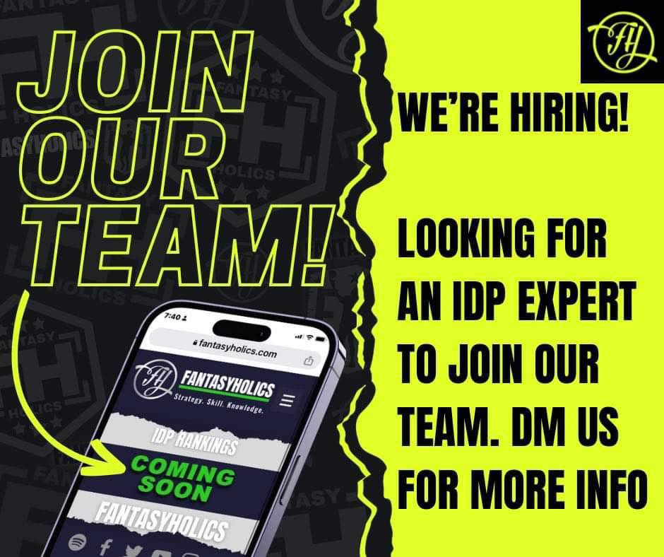 FantasyHolics1's tweet photo. At #FantasyHolics we are a full-service #FantasyFootballAdvice stop.
We want to expand our team and we are looking for an IDP Expert.
If you think you have the #IDP knowledge and you're looking for an opportunity to grow with us, send us a message.
#AgentJO https://t.co/Bkm8qyMSDM