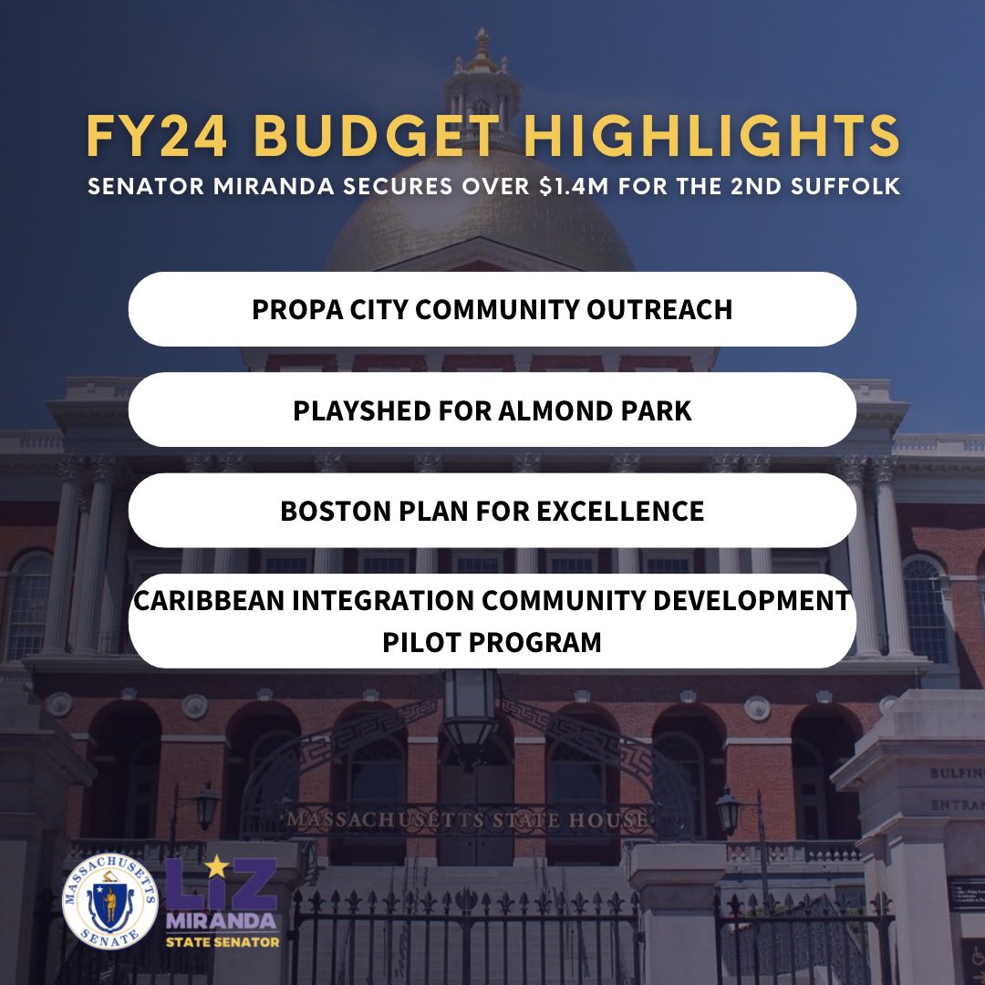 LizForBoston's tweet photo. I am proud to have been able to vote for the FY24 budget. Highlighted are some of the instrumental businesses and areas who received funding in our district. Thank you Madam President @KarenSpilka and my colleagues in the legislature for your work! #mapoli #bospoli https://t.co/9a5lbDgXgI