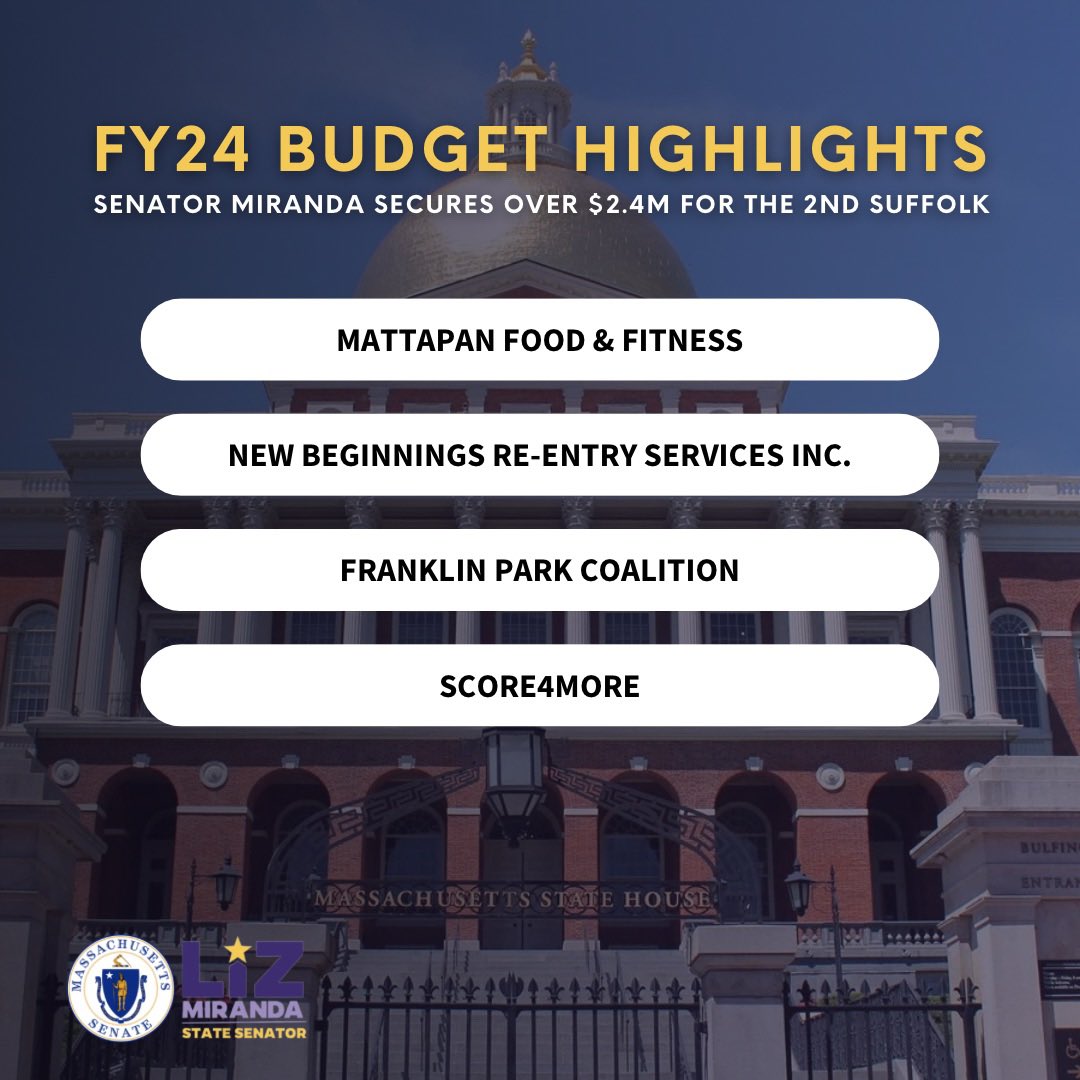 LizForBoston's tweet photo. I am proud to have been able to vote for the FY24 budget. Highlighted are some of the instrumental businesses and areas who received funding in our district. Thank you Madam President @KarenSpilka and my colleagues in the legislature for your work! #mapoli #bospoli https://t.co/9a5lbDgXgI