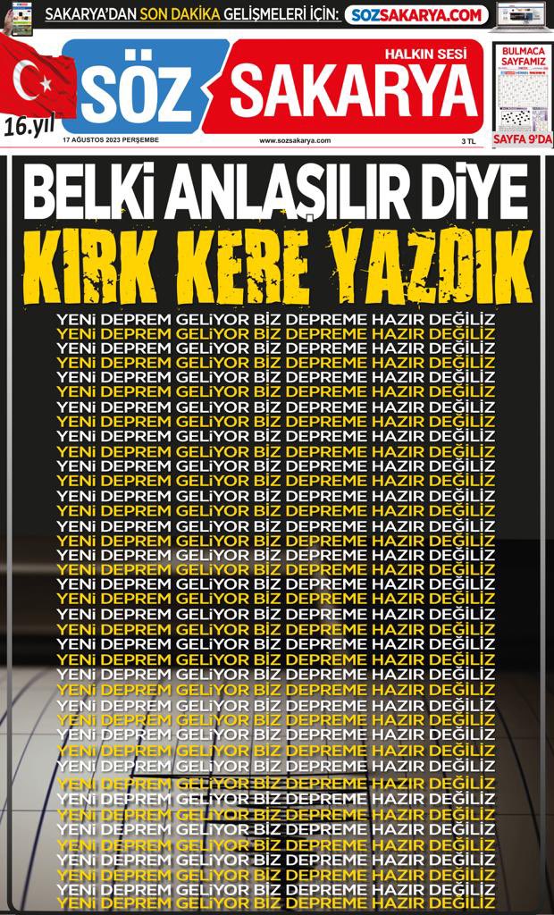 Bugün 17 Ağustos ! Depremde hayatını kaybedenleri hüzün ve rahmetle anıyoruz... 1999 depreminin üzerinden tam 24 yıl geçti.  Peki 24 yılda nasıl ders çıkardık? Sakarya gazetesinin bugünkü manşeti konuyu çok iyi ele almış... 👏🏻 #17Agustos1999 #17Agustos #DepremiUnutmaUnutturma