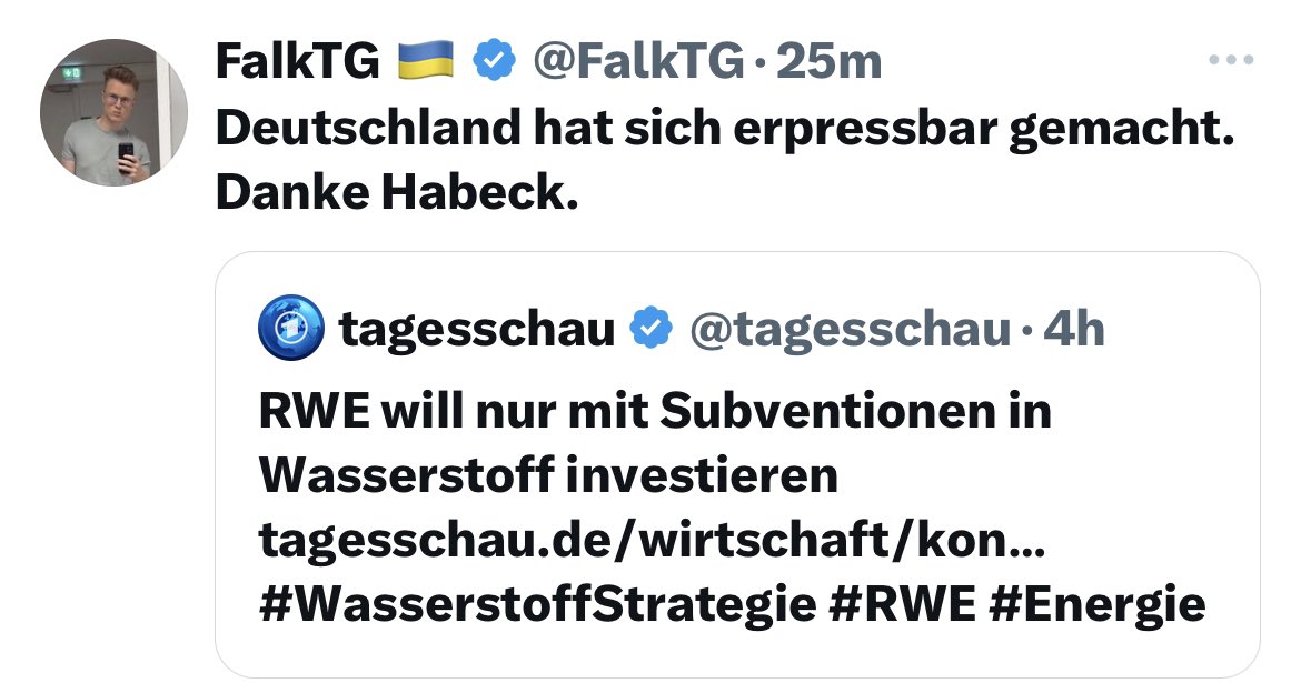 Um das mal klar zu stellen: Ich hab eigentlich nichts gegen Habeck. Es ist nur so ein innerparteilicher Reflex geworden.

Selbst bei Verstopfung sage ich mittlerweile Danke Habeck