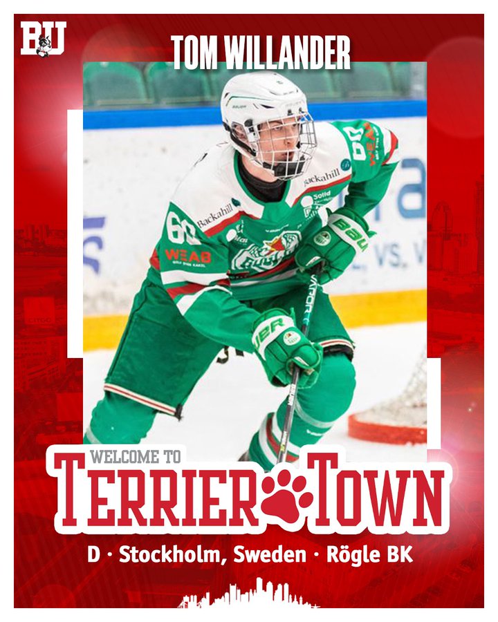 Graphic welcoming former Rögle BK defenseman and Stockholm, Sweden native Tom Willander to Terrier Town. Includes photo of Tom skating for Rögle BK.