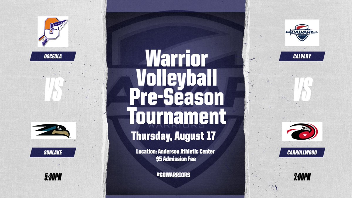 The Warriors are back in action tonight in the second day of the Warrior Volleyball Pre-Season Tournament. The Calvary varsity team plays Carrollwood Day at 7:00 PM. Admissions is $5. #LetsGoWarriors @Biggamebobby @SportsCalvary