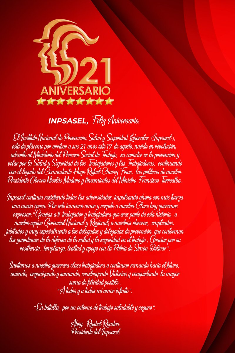 #21Aniversario #INPSASEL
¡En Batalla, por un entorno de trabajo seguro y saludable! A toda nuestra Clase Trabajadora ¡Felicidades! 

#VenezuelaEcológica

<a href="/NicolasMaduro/">Nicolás Maduro</a> <a href="/MinTrabajoVE/">Ministerio del PP para el Proceso Socia de Trabajo</a>