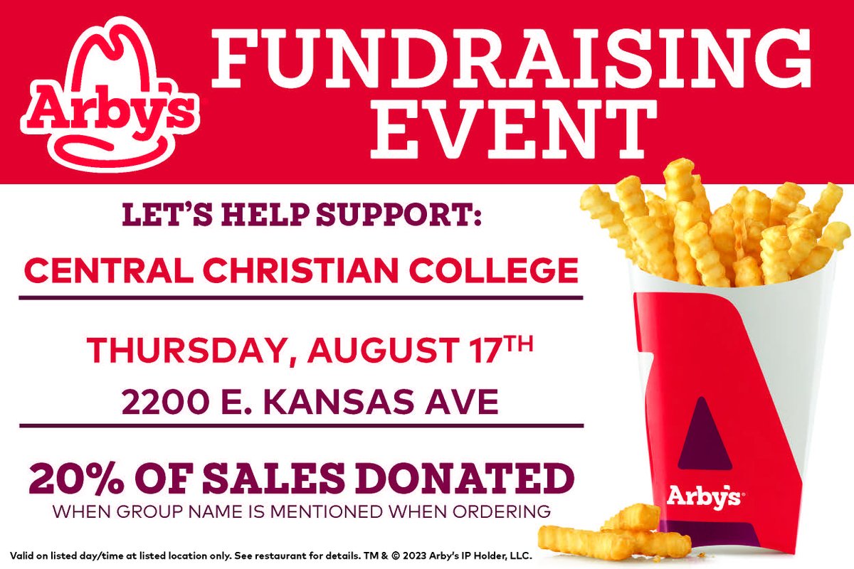 cccktigers's tweet photo. Eat at Arby's today to support Central Christian College of Kansas. Be sure to mention the post or say you are with Central. https://t.co/stTTtM6aET