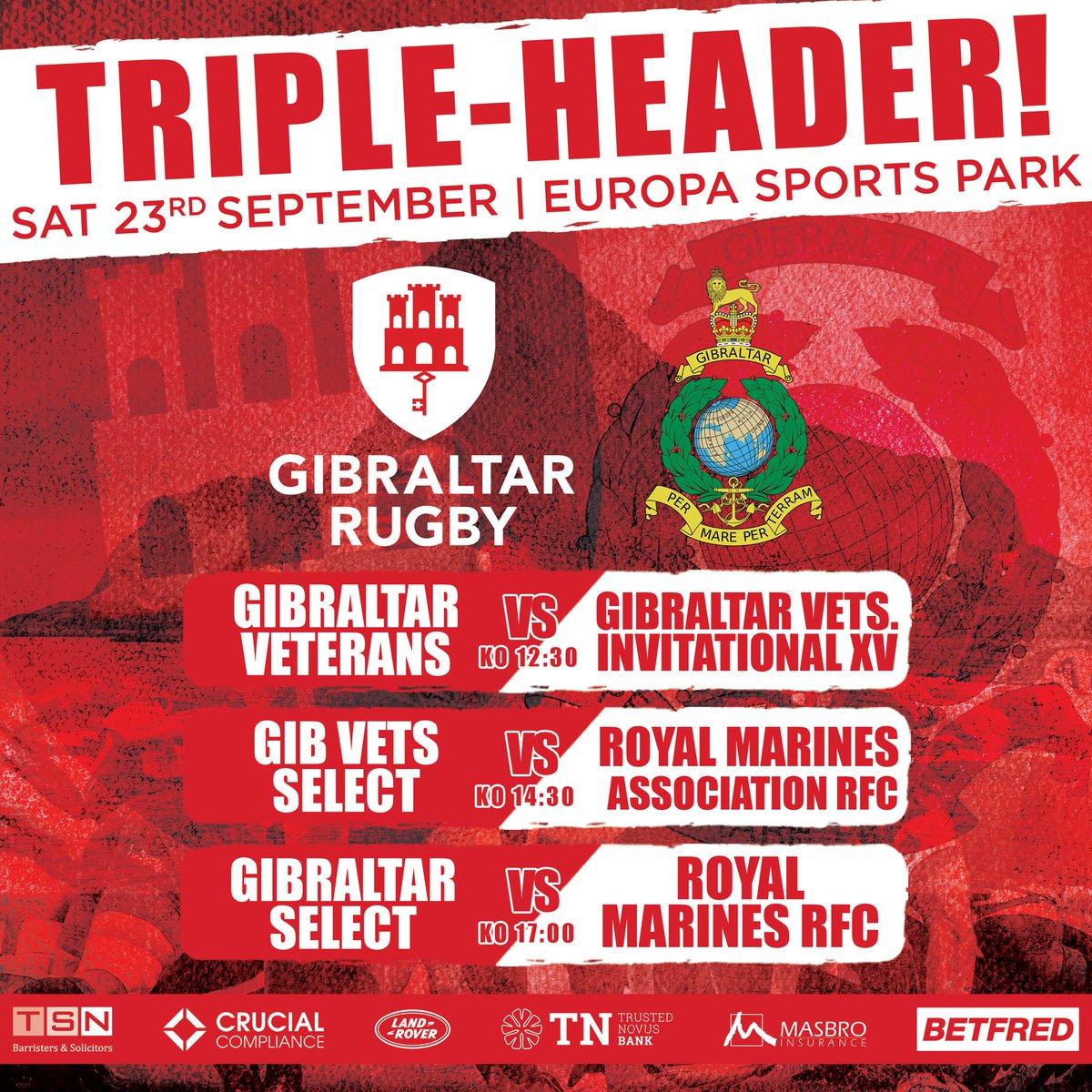 GibraltarRugby's tweet photo. The Triple-Header is BACK!💥

#GibraltarRugby are set to welcome @RugbyRoyal back to Gibraltar next month for this annual fixture which has become a staple in the rugby calendar on the Rock! 🤩

🏟 Europa Sports Park
🎟 Tickets Available Soon!

#RedWhiteAndProud 
#Gibraltar https://t.co/OhXcowPSpA
