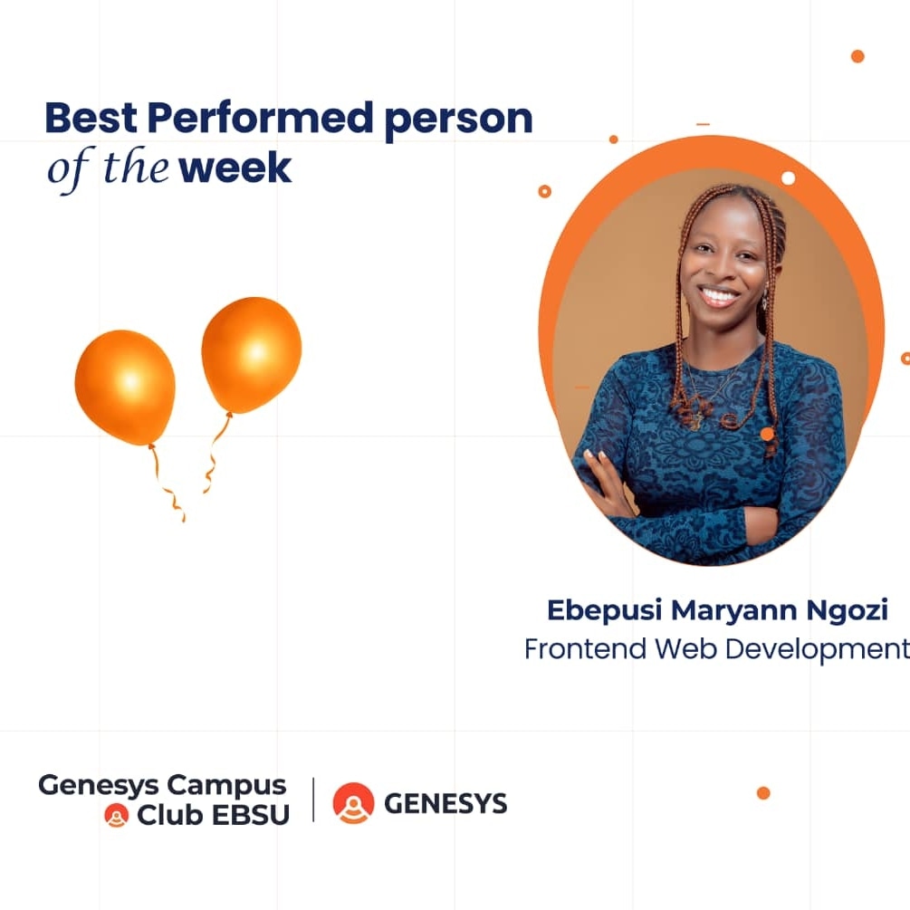 Genesys Campus Club EBSU (@genesysebsu) on Twitter photo Congratulations to the Genesys Campus Club, EBSU Best Performed Person of the Week π π by the name Egbepusi Maryann Ngozi πππ
We recognize your efforts and achievements β
β
Send in congratulatory messages to her πππ
<a href="/genesystechhub/">Genesys Tech Hub</a> @genesys_comm Congratulations to the Genesys Campus Club, EBSU Best Performed Person of the Week π π by the name Egbepusi Maryann Ngozi πππ
We recognize your efforts and achievements β
β
Send in congratulatory messages to her πππ
<a href="/genesystechhub/">Genesys Tech Hub</a> @genesys_comm