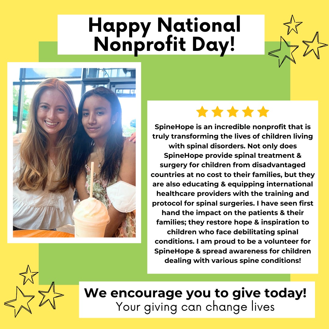 spinehope's tweet photo. It's 2023 #NationalNonprofitDay, a day that recognizes nonprofits’ good work and community impact around the globe. If you are moved by our cause, please consider making a donation. Text SPINEHOPE to 53555 or visit: https://t.co/nJKVxt3yyN. Thank you! #spinehope #nonprofit #give https://t.co/FnrgbpFdcl