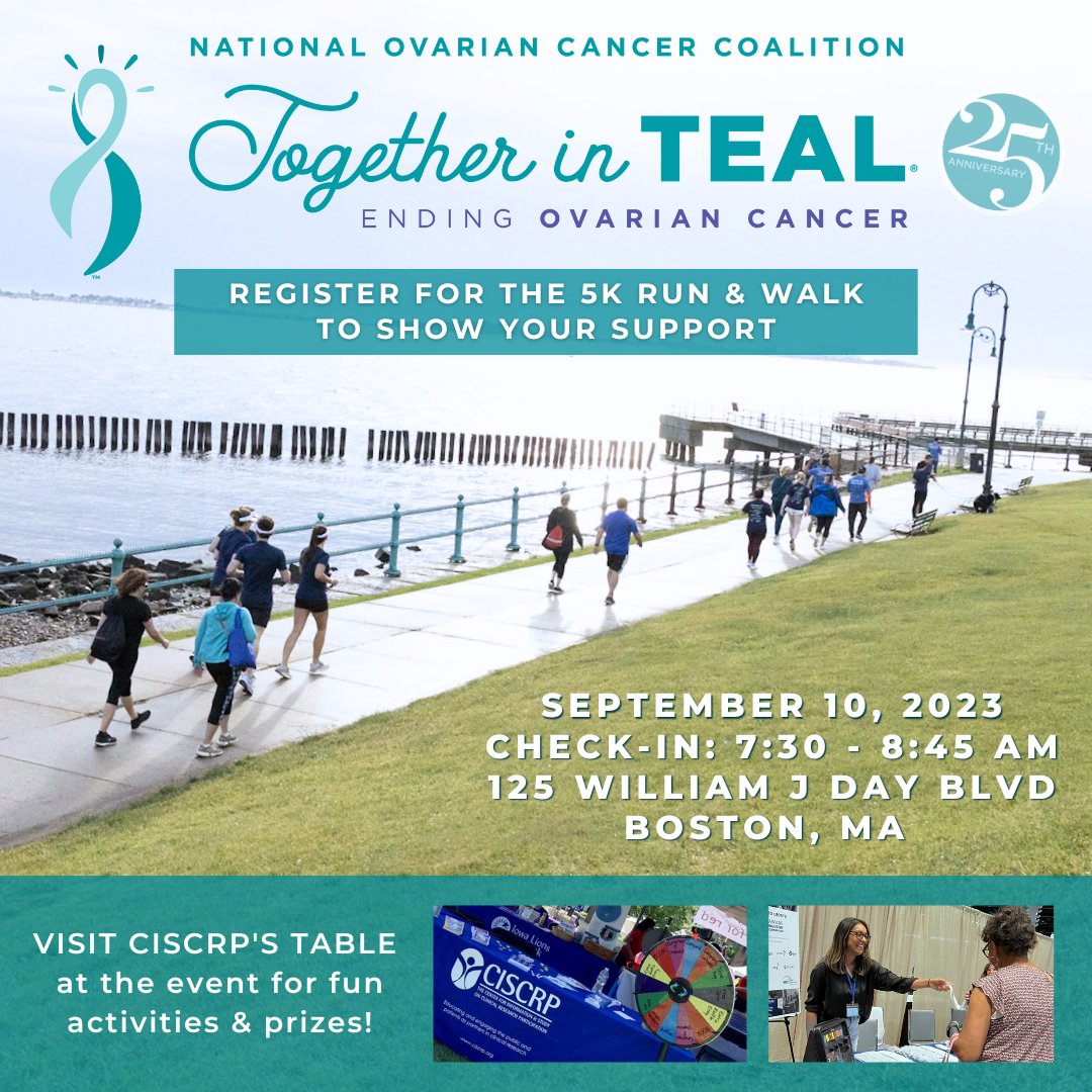 CISCRP is honored to exhibit at this year’s the <a href="/NOCC_National/">National Ovarian Cancer Coalition</a> #TogetherinTEAL Boston 5K to provide free resources about the importance of #clinicalresearch in advancing treatments for those fighting #ovariancancer. Learn more at awareforall.info/3saDJX1