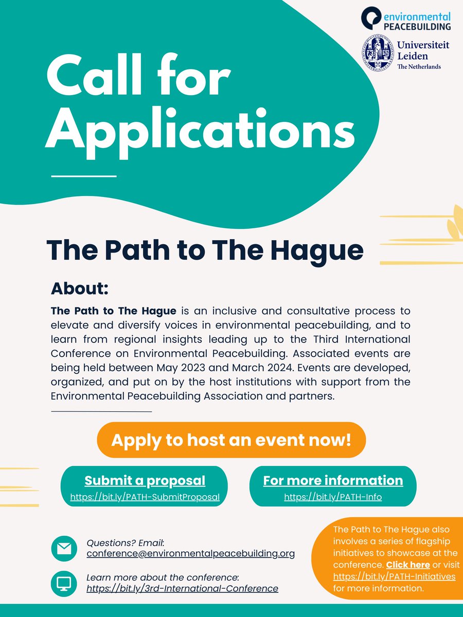 Reminder: Apply to host a Path to The Hague event in preparation for the Third International Conference on Environmental Peacebuilding. Join us for this series of events and initiatives leading up to the conference in The Hague in June 2024.