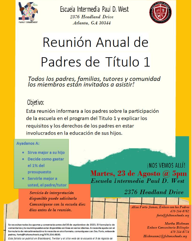 PDWMS Parents and Guardians! Don't forget about our Annual Title I Parent Meeting on 8.22 at 5 p.m. in the PDWMS cafe! #PantherExcellence @PaulDWestMiddle @parents4edu_SF @prin_pauldwest @He_TEaches @CoachBookELA @LennetteJones @revels_theresa @DrTamaraCandis