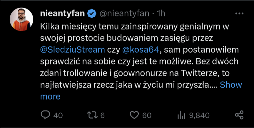 BartoSitek's tweet photo. Nudny portal. To że algorytm został już całkowicie ustawiony pod ragebait jest ewidentne. Głupawa opinia w duecie z niebieskim ptaszkiem, tak wygląda większość feedu. Szkoda, ale spodziewane. https://t.co/JH0RAsVzND