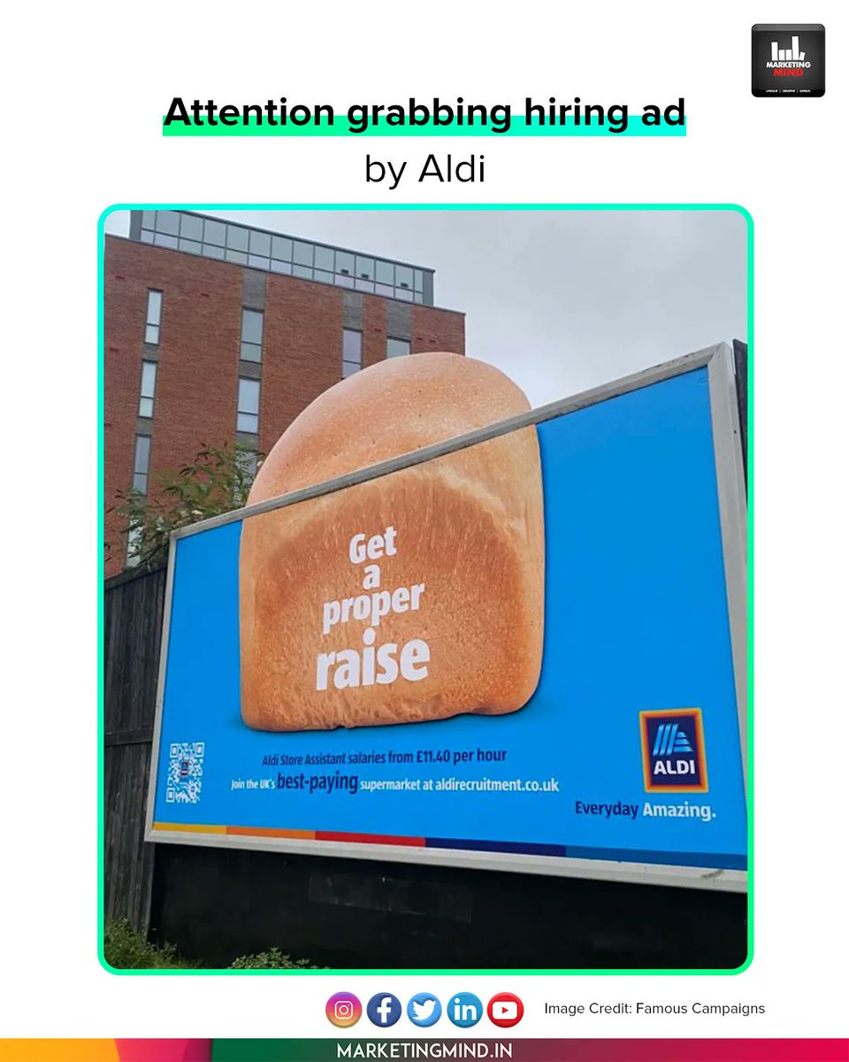 MarketingMind_'s tweet photo. Aldi installed this creative hiring ad featuring bread that goes out of the billboard. The purpose of this was to let job seekers know Aldi will offer a fair raise to them.
#MarketingMind #Aldi #CreativeBillboards https://t.co/KHURfguugC