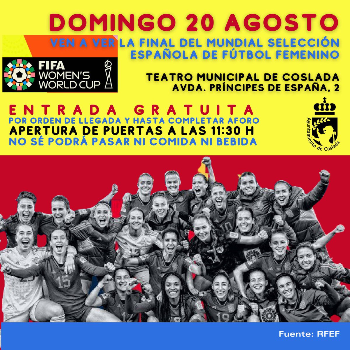 Ven a apoyar a nuestras jugadoras de la Selección española en el Mundial de Fútbol. 20 de agosto. Apertura de puertas a partir de las 11.30. Entrada gratuita hasta completar aforo. Por orden de llegada. #deportefemenino #mundial2023 #worldcup #womensworldcup #womensworldcup2023