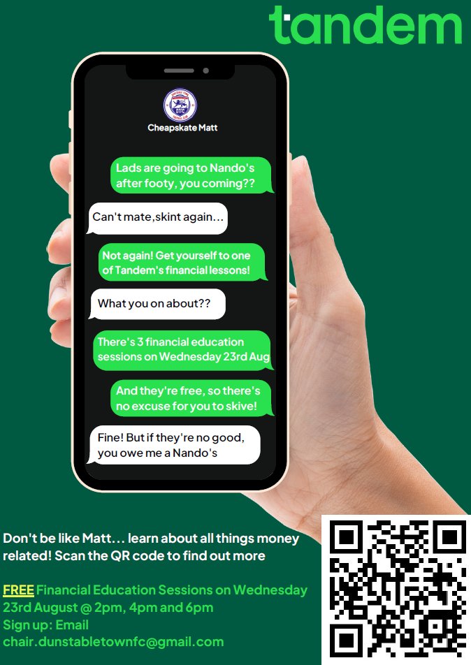 Creasey Park Community Football Centre (@creaseypark) on Twitter photo Wednesday 23 August. Join us at Creasey Park for free financial education sessions at 4pm and 6pm courtesy of <a href="/DunstableTownFC/">Dunstable Town FC #tOWNtogether</a> sponsor <a href="/Tandem_Bank/">Tandem</a>
email : chair.dunstabletownfc@gmail.com for spaces! Wednesday 23 August. Join us at Creasey Park for free financial education sessions at 4pm and 6pm courtesy of <a href="/DunstableTownFC/">Dunstable Town FC #tOWNtogether</a> sponsor <a href="/Tandem_Bank/">Tandem</a>
email : chair.dunstabletownfc@gmail.com for spaces!