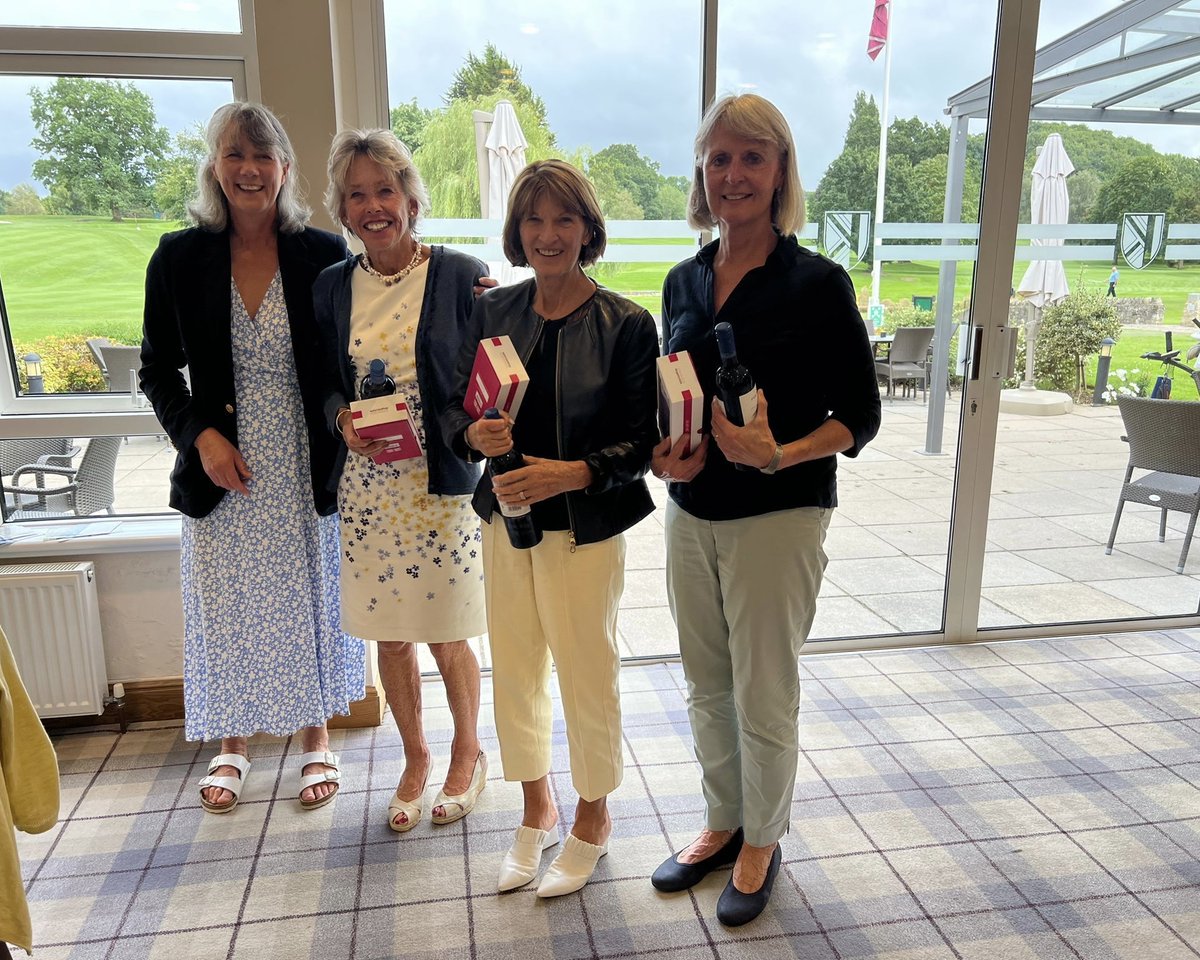 The winners from the 2023 Captains away day at Knowle Golf Club! A fabulous day had by all and here are the winners with their prizes including these fabulous “Knowle Bowls”, Honor Jones,Jenny Conway, Carol Williams &amp; Marion McBirnie. 
.
A huge thank you must go to Sam Robinson!
