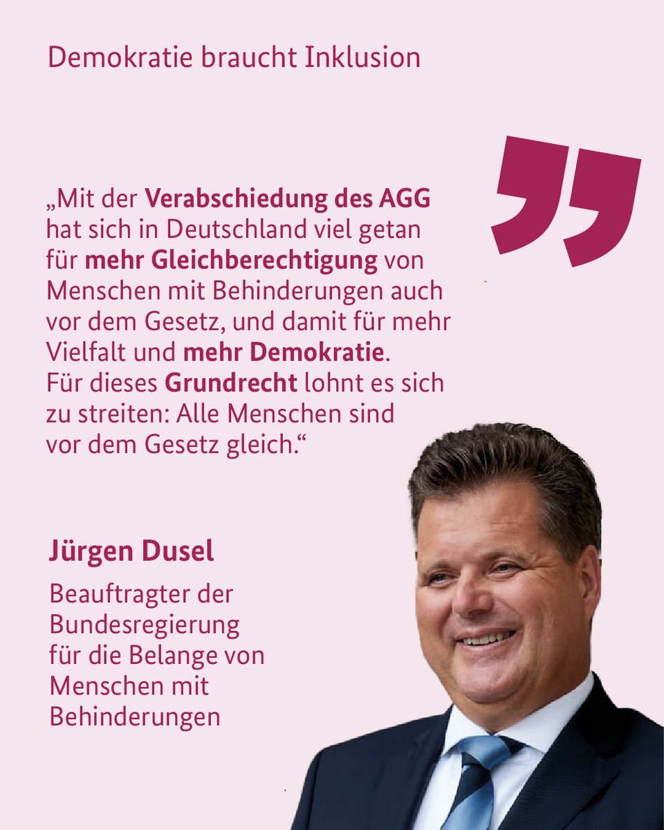 👩🏻‍⚖️ Das Allgemeine #Gleichbehandlungsgesetz ist heute vor 17 Jahren in Kraft getreten.
ℹ️ Das Gesetz möchte Benachteiligungen aus Gründen einer Behinderung verhindern oder beseitigen.
Gleichbehandlung und Teilhabe sind ein #Grundrecht. 

#Antidiskriminierung #AGG