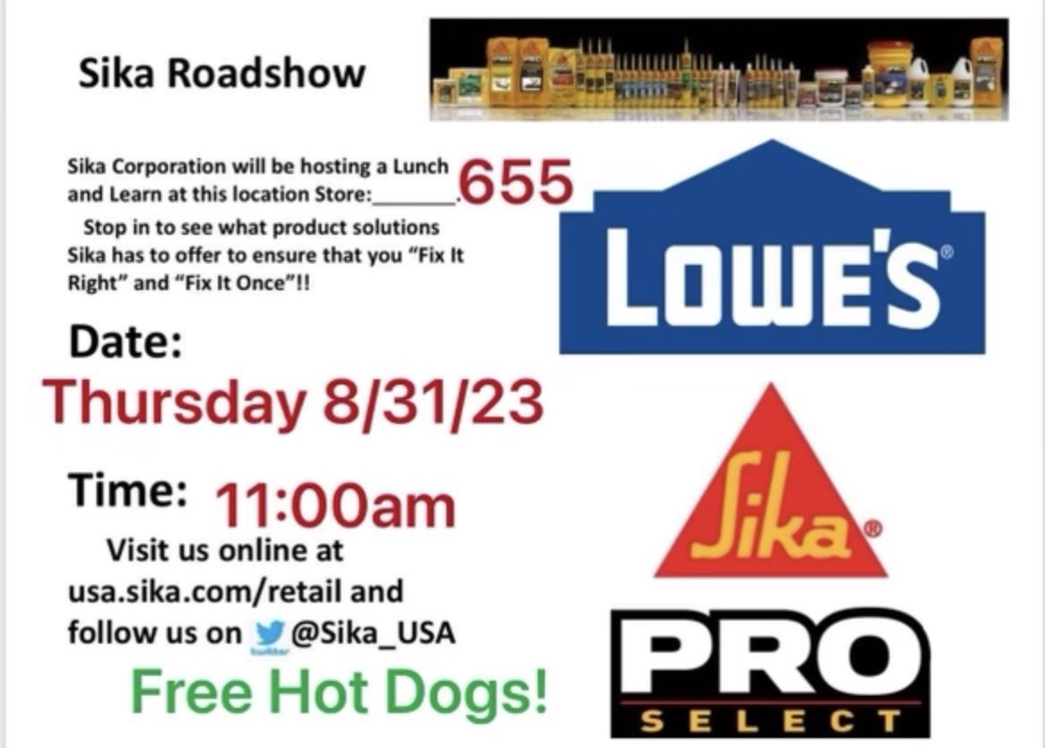 Excited to announce another #Sika roadshow! 🎉🎉🎉 Join <a href="/RWhiteCarolinas/">Robbie White</a>  and I at #Lowes 655 In Ashley SC Thursday 8/31