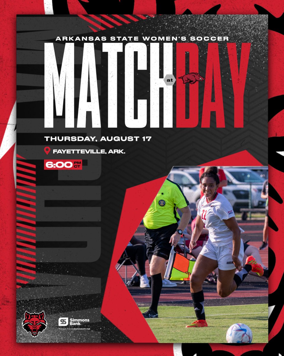 AStateSoccer's tweet photo. MATCH DAY ‼️

🆚 Arkansas
🕕 6:00 PM
🏟️ Razorback Field
📍 Fayetteville, Ark.
📺 https://t.co/pfZoVI6YB5
📊 https://t.co/Eodsv2RNOX
#WolvesUp https://t.co/ZYDqZuGcUM