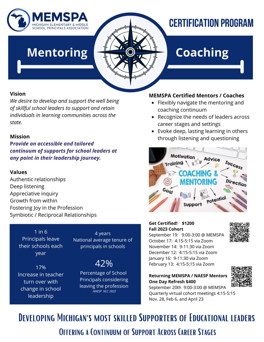 Are you a seasoned educational leader looking for a way to give back?  Get <a href="/MEMSPA/">MEMSPA</a> certified as a Mentor and Coach.   Walking alongside other leaders is a way to leave a lasting legacy.  #MEMSPAchat #WeLeadMI