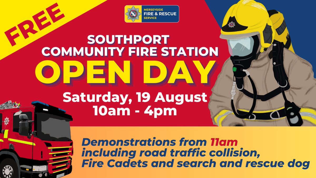 🚨 Reminder – our first Station Open Day this weekend is at Southport Community Fire Station: 📅 Saturday, 19 August 2023 ⌚ 10am – 4pm 📍 Manchester Road, PR9 0LH