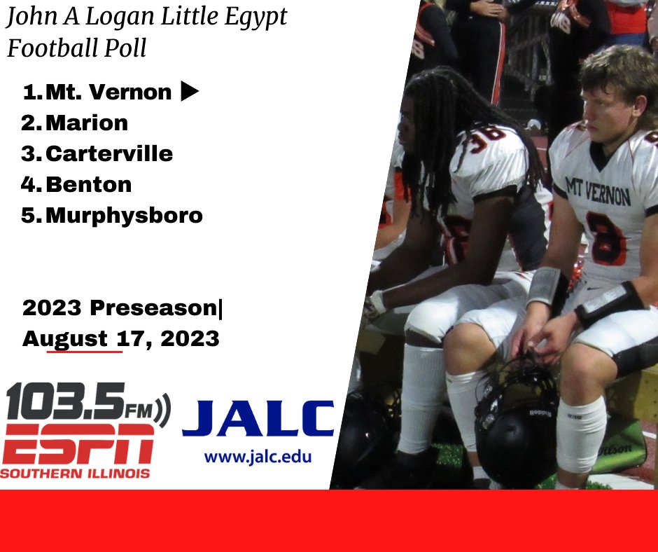 1035ESPN (@1035espn) on Twitter photo With football right around the corner you know it's time for our <a href="/JALCollege/">John A Logan College</a>
Little Egypt Football Poll! Mt. Vernon is the preseason #1!
Check out the full poll here: 1035espn.com/2023/08/17/mt-… With football right around the corner you know it's time for our <a href="/JALCollege/">John A Logan College</a>
Little Egypt Football Poll! Mt. Vernon is the preseason #1!
Check out the full poll here: 1035espn.com/2023/08/17/mt-…
