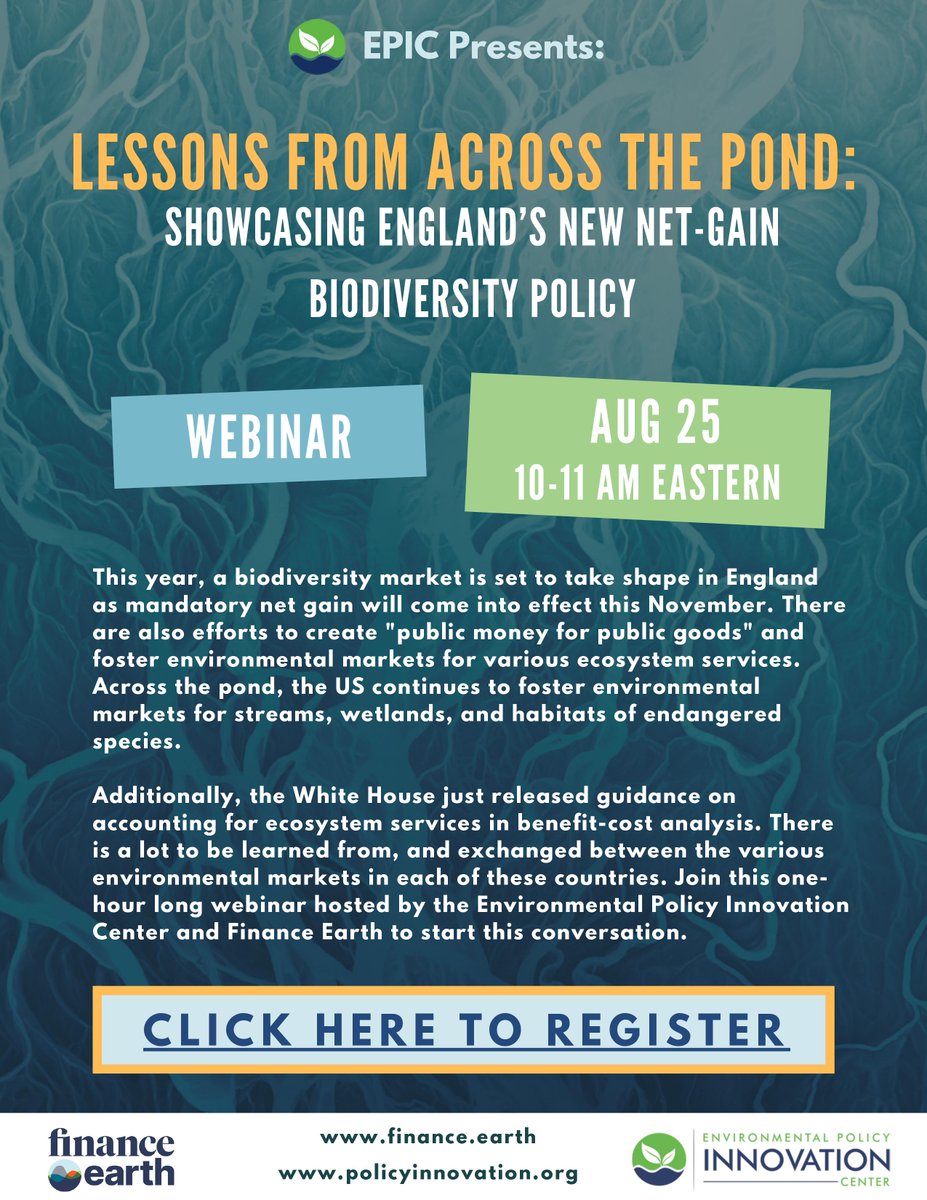 Finance Earth (@financeearth) on Twitter photo Join our Director Alicia Gibson next week as she discusses the key learnings emerging from the nascent Biodiversity Net Gain (BNG) market in England as part of a webinar hosted by <a href="/EPIConservation/">Environmental Policy Innovation Center</a>
Register here: lnkd.in/eHPveGqc Join our Director Alicia Gibson next week as she discusses the key learnings emerging from the nascent Biodiversity Net Gain (BNG) market in England as part of a webinar hosted by <a href="/EPIConservation/">Environmental Policy Innovation Center</a>
Register here: lnkd.in/eHPveGqc
