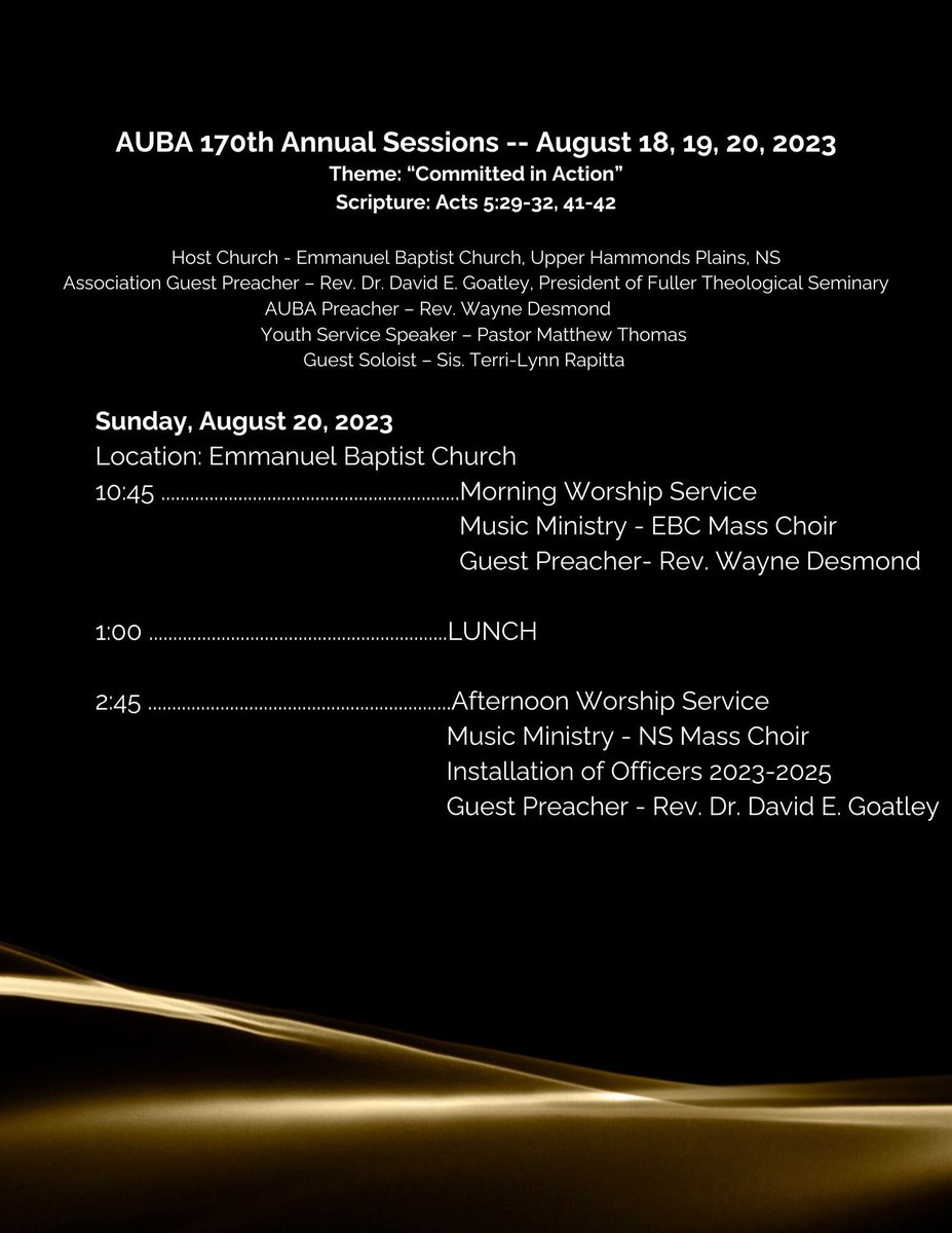 therealLJA's tweet photo. The COUNTDOWN is on!! We are estatic to receive you this weekend for the 170th annual sessions of the African United Baptist Association of Nova, Scotia. @AfricanBaptist  All roads are leaving to @EBCMeet, Upper Hammonds Plains.  🔥🔥🔥 Please make sure to join us! https://t.co/lhKPNeEymZ