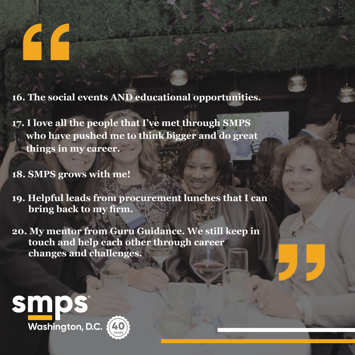 We're in the final month of our 40th anniversary year! At our 40th party, members told us what they love about our chapter. As we close this milestone year, we're sharing 40 things our members said they love about SMPS! Halfway there: Reason 16 - 20 why our members love SMPS DC!