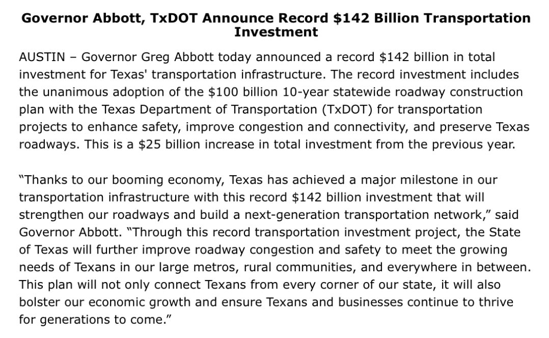 GovAbbottPress's tweet photo. Announcing a record $142 BILLION in total investment for Texas’ transportation infrastructure. @TxDOT

Thanks to our booming economy, Texas is improving our roadways to meet the growing needs of our state.

More: https://t.co/r5fd4D9jJY https://t.co/O7RRFhsaxg