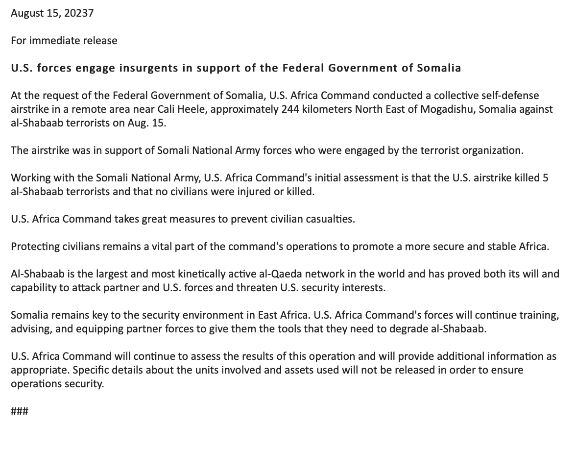 jseldin's tweet photo. Just in: US carried out airstrike vs #alShabaab in a remote area near #CaliHeele, abt 244km NE #Mogadishu #Somalia
@USAfricaCommand says Aug 15 strike in support of Somali forces killed 5 alShabaab fighters, no civilian casualties https://t.co/bOLOljItaf