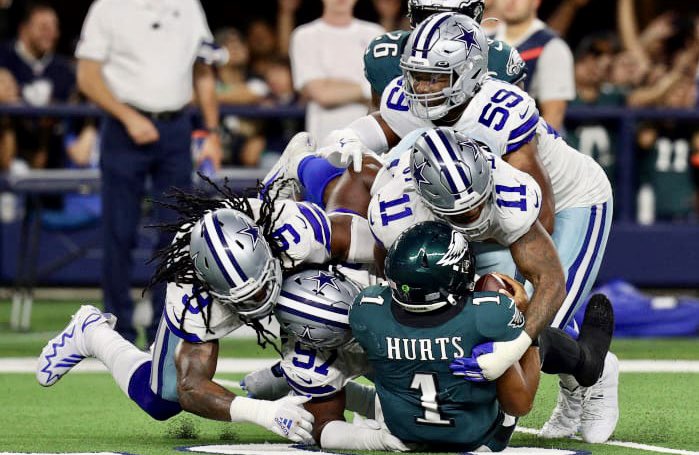 OutlawCowboyNFL's tweet photo. % of QB pressures that turn into sacks (2022);

Dak Prescott - 14.8% (9th best)

Jalen Hurts -  23.5% (28th worst)

Dak’s OL - 5th worst Pass Block Win Rate

Jalen’s OL - 9th best Pass Block Win Rate

Hurts is a pretty awful scrambler/escape artist by the #’s

Stats via @SharpFootball
