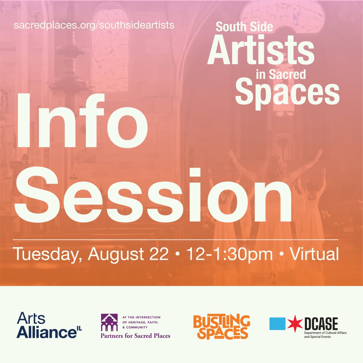 ArtsAllianceIL's tweet photo. South Side Artists in Sacred Spaces connects congregations with vacant space to artists in need of affordable space to rehearse, perform, teach, etc. RSVP for our next info session / learn more at the link in our bio!
@sacred_places Bustling Spaces @ChicagoDCASE
#DCASEGrants https://t.co/AW1zBmzOap