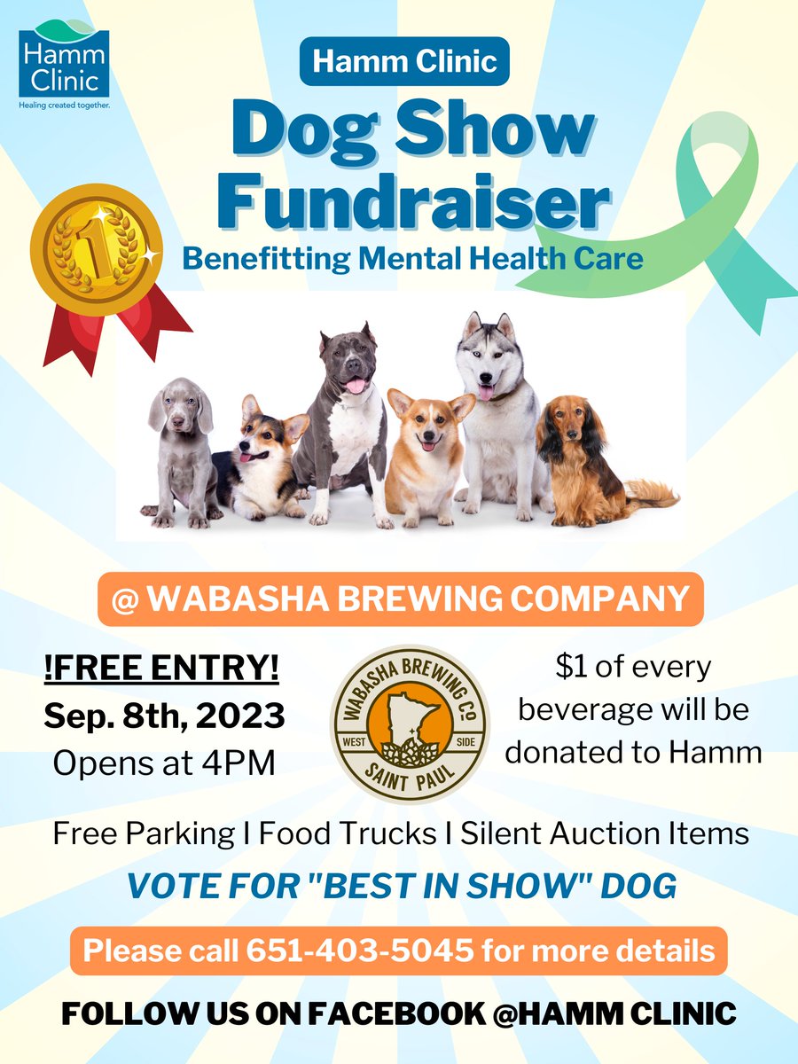 BrightpathLlc's tweet image. Our partner in Mental Health services, Hamm Clinic, is hosting a Dog Show Fundraiser on September 8, 2023, at the Wabasha Brewing Company in Saint Paul, MN. 
Come out and support Hamm Clinic and their adorable canine companions!