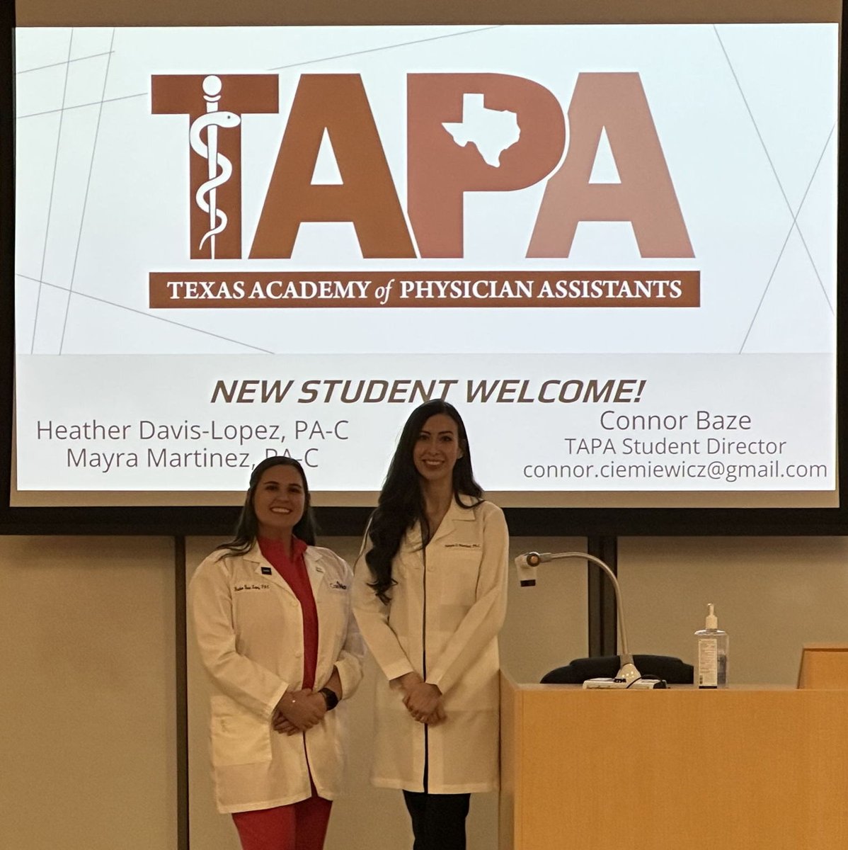 TAPA Secretary Heather Davis-Lopez, PA-C &amp; TAPA Membership Committee Member Mayra Martinez, PA-C, welcomed the incoming cohort at UTRGV's PA Program this morning and shared the importance of being an active member of TAPA with almost 100 future PAs!