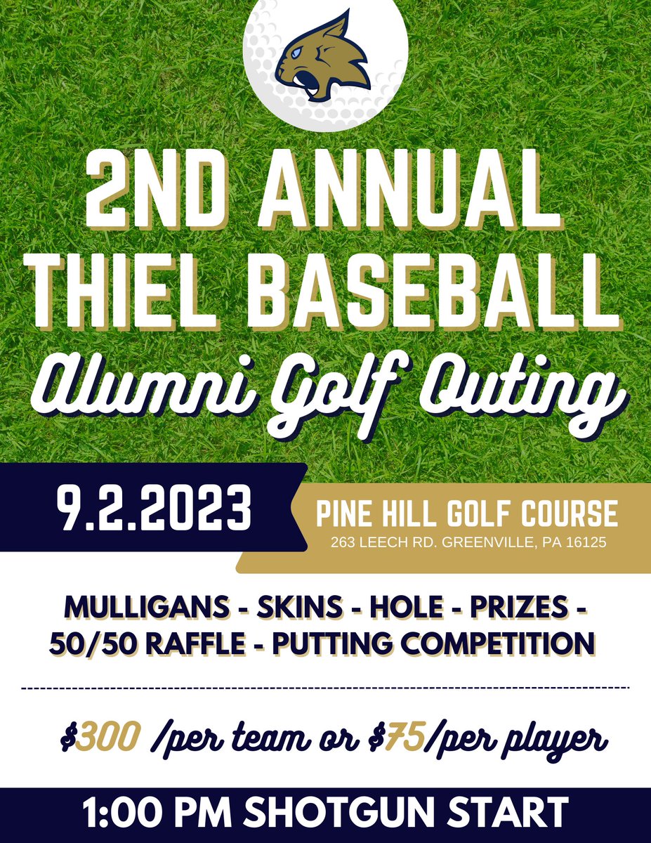 Thiel_BASE's tweet photo. THE GOLF OUTING IS BACK!

Spots are filling up quick so REGISTER NOW!

Contact: jschaly@thiel.edu 
to register for the event!

#TCB https://t.co/eExAJUM3KJ