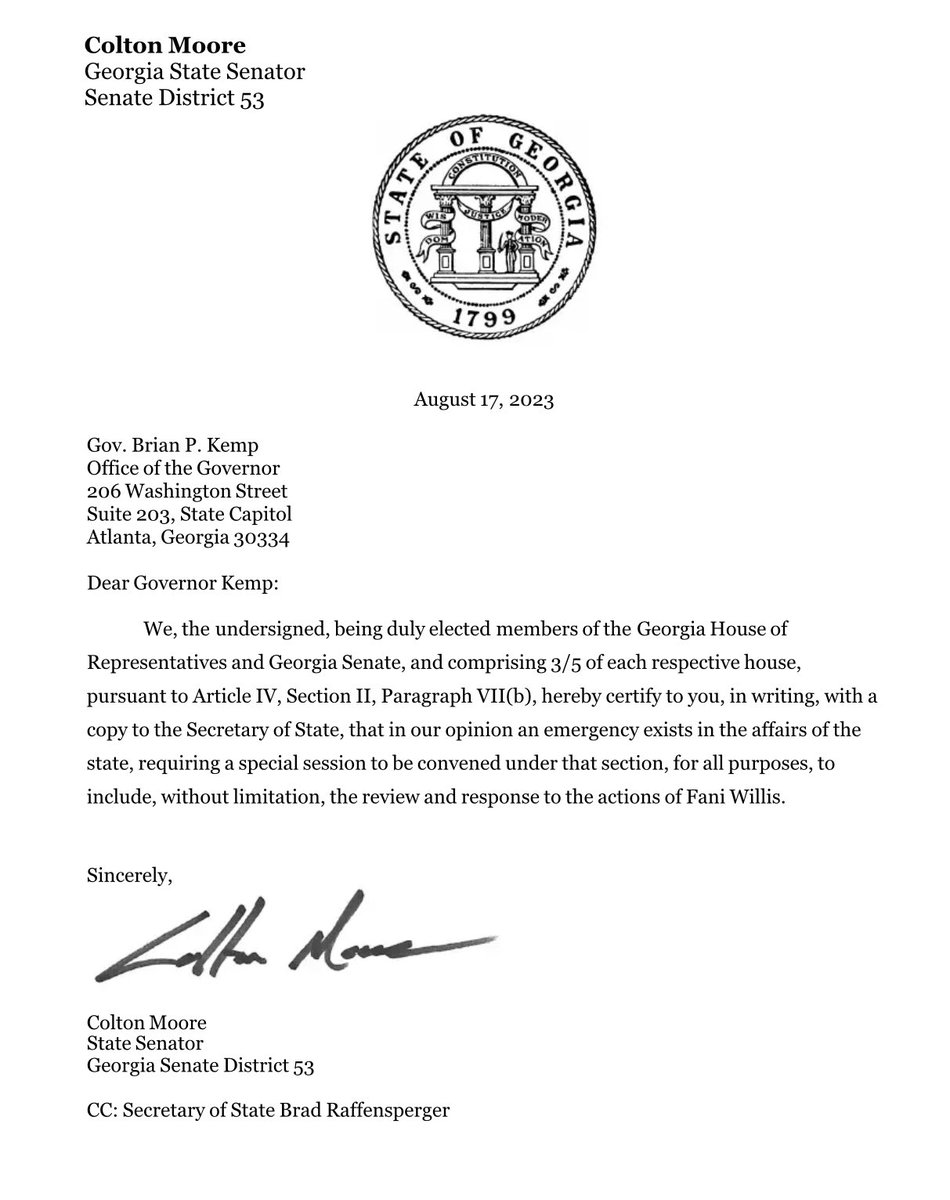 BREAKING: Republican Georgia state Senator Colton Moore moves to impeach Georgia District Attorney Fani Willis for her actions against Trump.

Finally, a Republican with a backbone.

“I’m not going to sit back and watch as radical left prosecutors weaponize their elected offices