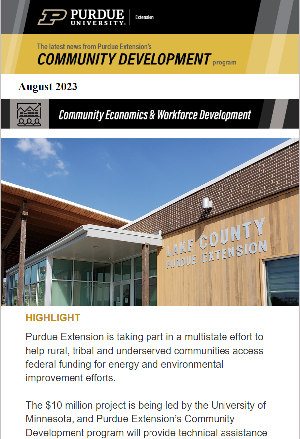 PurdueCDExt's tweet photo. Purdue Extension Community Development Program's August Newsletter is fresh off the press! https://t.co/V57g3tru9t
#PurdueExtension #communitydevelopment #cdext https://t.co/MEvuYcUTUm
