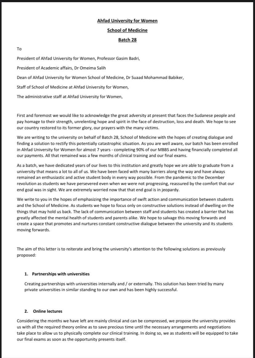 Batch28_AUW's tweet photo. A statement made by Batch 28 from School of Medicine- AUW adressing their concerns and proposing solutions to the administration 
خطاب مقدم من طالبات الدفعة ٢٨ من مدرسة الطب بجامعة الاحفاد للبنات بشأن مخاوفهم و تقديم حلول 
لمواصلة الدراسة . https://t.co/uF44bXMDQS