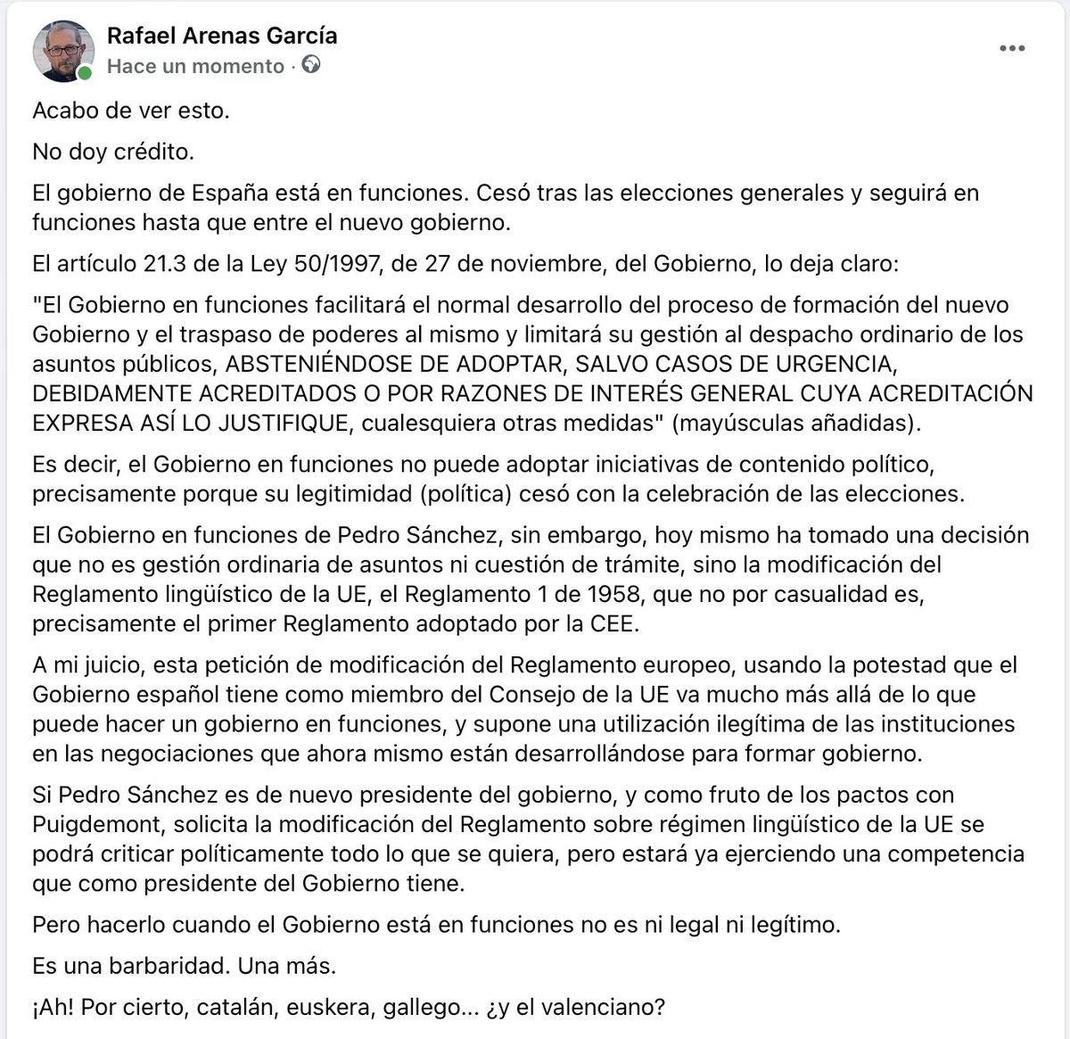 Rafaelarenasgar's tweet photo. El Gobierno en funciones solicita, con fecha de hoy, la modificación del Reglamento lingüístico de la UE.
Es -a mi juicio- una violación flagrante del art. 21 de la Ley del gobierno, que podría viciar el proceso de modificación del Reglamento también desde la perspectiva de la UE https://t.co/lz7D6ajVWj