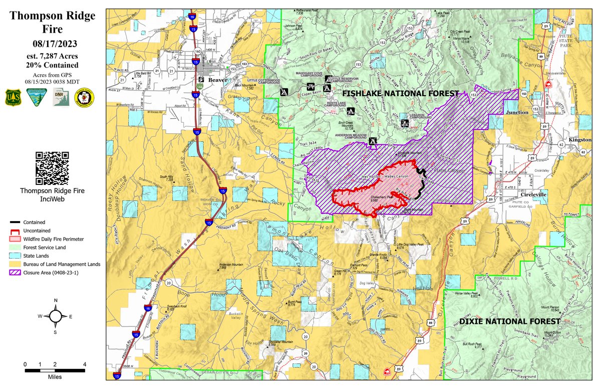 UtahWildfire's tweet photo. #ThompsonRidgeFire Update Aug. 17, 2023
7,287 acres and 20% contained.
Minimal amounts of rain fell over much of the fire the last few days. The Unmanned Aircraft System (UAS) was used yesterday to identify heat signatures across the NE portion of the fire.
@FishlakeNF https://t.co/KYtZIbkMPU