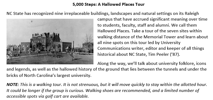 PackTimPeeler's tweet photo. If you plan to attend #Packapalooza next weekend (Aug. 26) and would like to join me on a walking tour of @NCState's #HallowedPlaces. Meet at the front steps of #HolladayHall at 4 pm. #5000steps https://t.co/dN8zPkYrM8