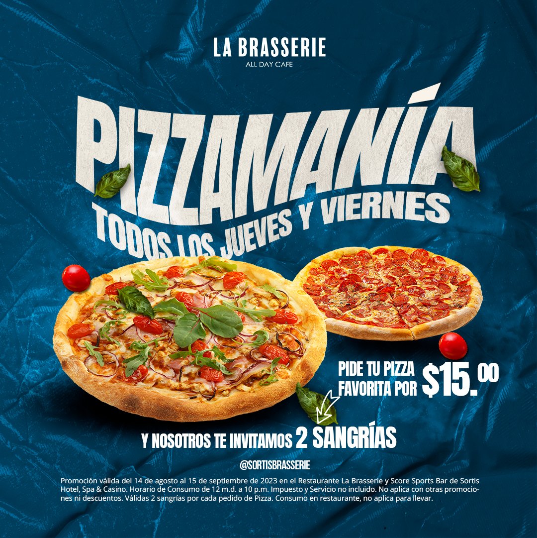 Llegó la PIZZA MANÍA🍕

Pide tu pizza favorita y te regalamos 2 copas de sangrías, por tan solo $15

Promoción válida todos los jueves y viernes del 14 de agosto al 15 de septiembre de 2023 en La Brasserie

📍Nivel Lobby del <a href="/sortishotel/">Sortis Hotel</a>

#locosporlaspizzas