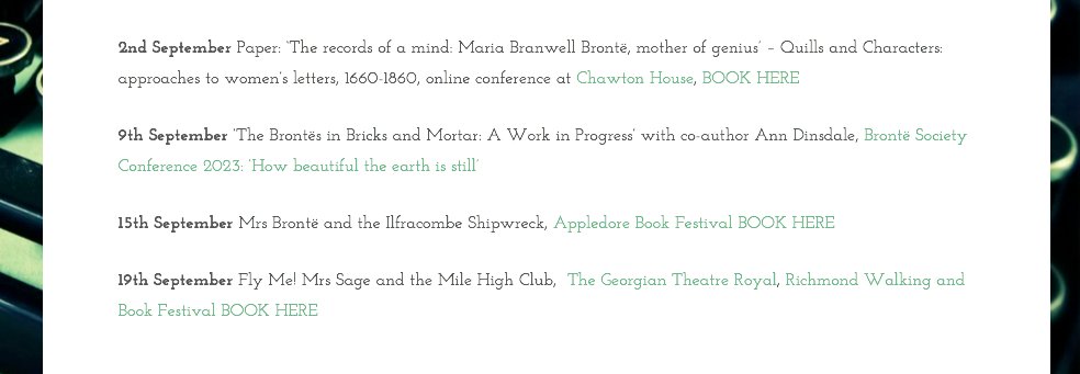 You can run, but you can't hide - I'm all over the place in September... 🚂 If you want to join me (which would be lovely) go to my website Events page (above). #ThisWritingLife #WomenInHistory @ChawtonHouse @BronteParsonage @AppledoreBkFest @TheGTRoyal