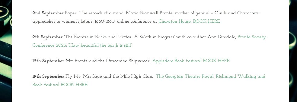 Sharon Wright (@thesharonagency) on Twitter photo You can run, but you can't hide - I'm all over the place in September... 🚂 If you want to join me (which would be lovely) go to my website Events page (above). #ThisWritingLife #WomenInHistory <a href="/ChawtonHouse/">ChawtonHouse</a> <a href="/BronteParsonage/">Brontë Parsonage Museum</a> @AppledoreBkFest <a href="/TheGTRoyal/">GeorgianTheatreRoyal</a> You can run, but you can't hide - I'm all over the place in September... 🚂 If you want to join me (which would be lovely) go to my website Events page (above). #ThisWritingLife #WomenInHistory <a href="/ChawtonHouse/">ChawtonHouse</a> <a href="/BronteParsonage/">Brontë Parsonage Museum</a> @AppledoreBkFest <a href="/TheGTRoyal/">GeorgianTheatreRoyal</a>