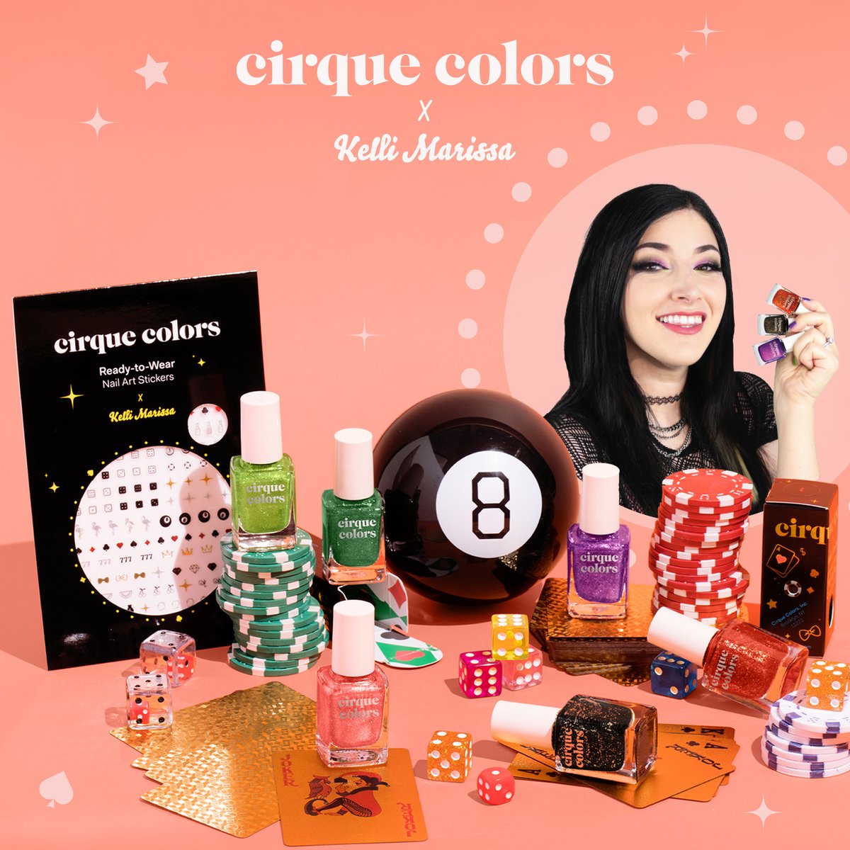 KELLI MARISSA COLLECTION 🎰🎲🌵🦩 Exclusive 7-Piece collection ft. a NEW FINISH in collaboration w/ nail polish legend, @kelli_marissa! 777 🎰 Golden Nights ✨ Venetian Sky 🌌 All In 💰 Ethel 🌳 Flaminglow 🦩 Kelli Marissa Collection Ready-to-Wear Nail Art Stickers 🖤