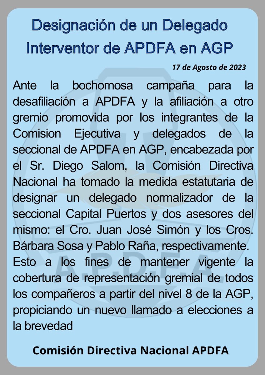 APDFApuertosOK's tweet image. Comunicado de la Comisión Directiva Nacional de @apdfanacional disponiendo la intervención de la Seccional Capital Puertos en @AGPuertos